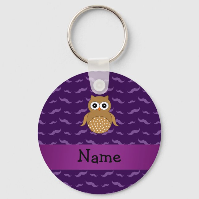 Personalized name brown owl purple mustaches key ring (Front)