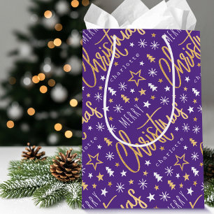Personalized Name Christmas Purple Faux Gold Medium Gift Bag