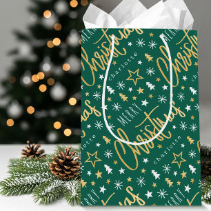 Personalized Name Christmas Script Green Faux Gold Medium Gift Bag