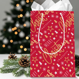 Personalized Name Christmas Script Red Faux Gold Medium Gift Bag