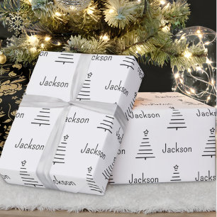 Personalized Name Christmas Tree Black & White Wrapping Paper