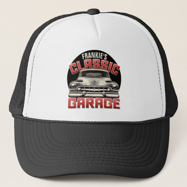 Personalized NAME Classic Car Garage Custom Shop Trucker Hat (Front)