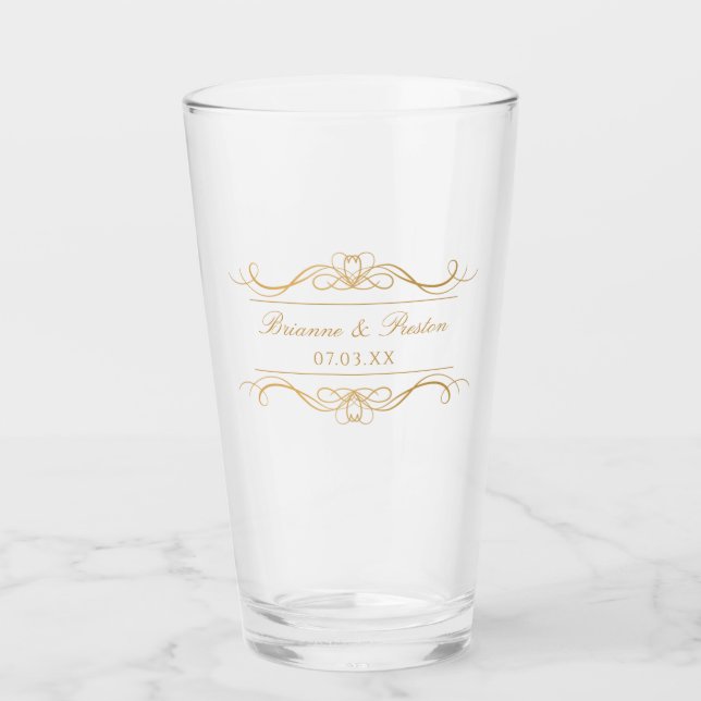 Personalized Name & Date Elegant Gold Wedding Gift Glass (Front)
