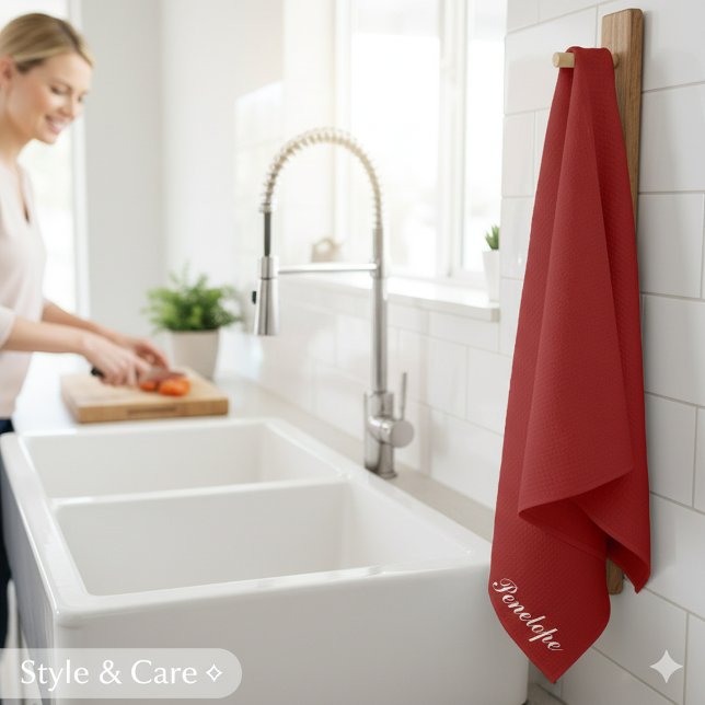 Personalized Name Deep Christmas Red Tea Towel (Personalized Name Deep Christmas Red Kitchen Towel)