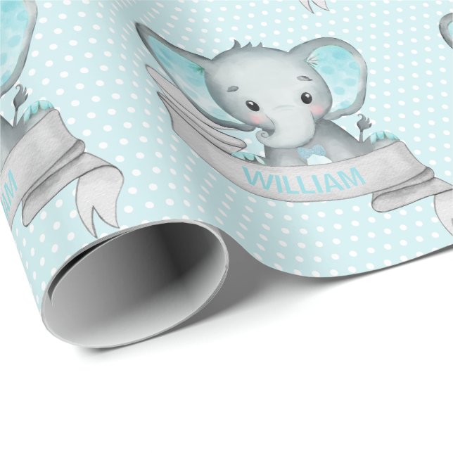 Personalized Name Elephant Baby Boy Blue & Gray Wrapping Paper (Roll Corner)