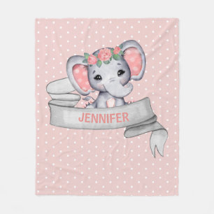 Personalized Name Elephant Baby Girl Pink & Gray Fleece Blanket
