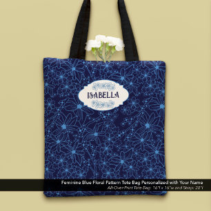 Personalized Name Feminine Blue Floral Pattern Tote Bag