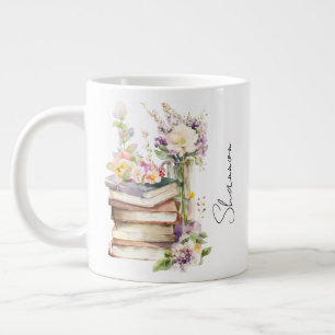 Personalized Name Floral Book Lover Large Coffee Mug
