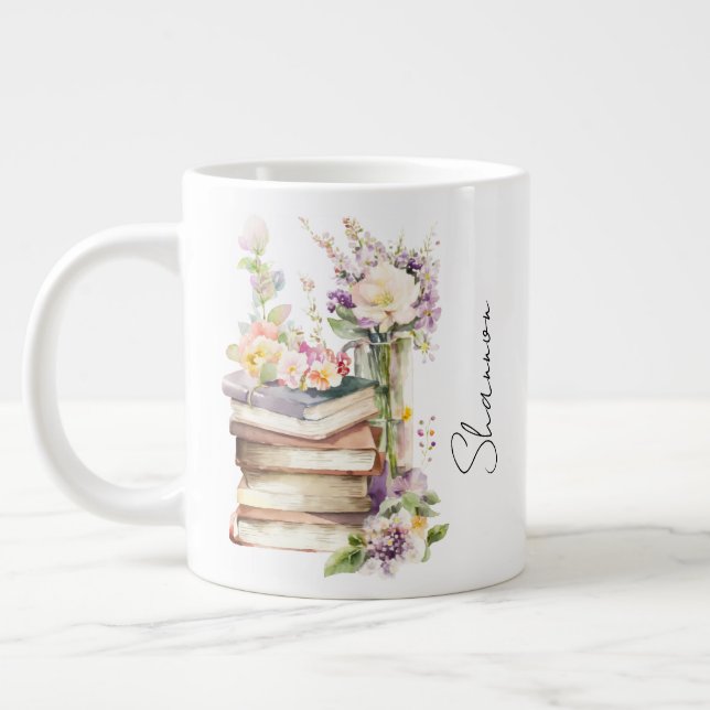 Personalized Name Floral Book Lover Large Coffee Mug (Left)