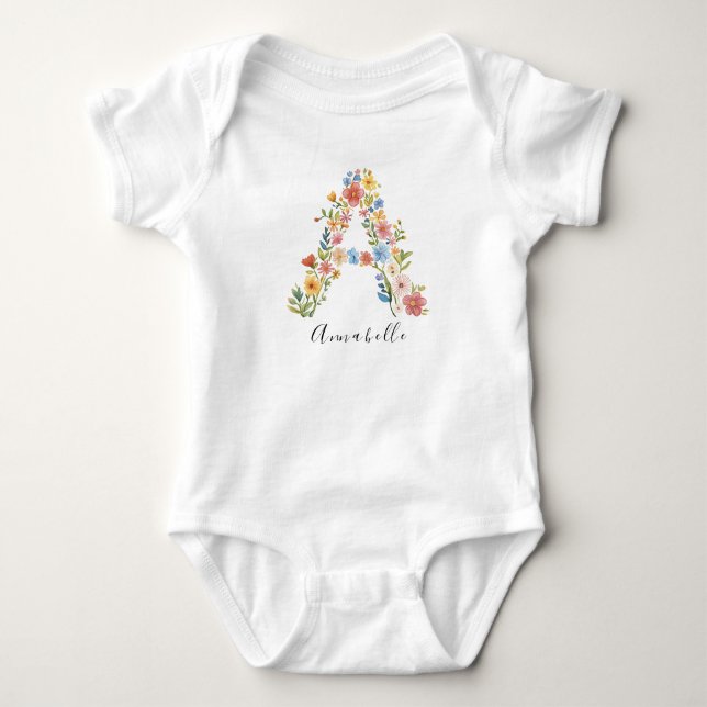 Personalized Name & Floral Monogram 'A' Baby Bodysuit (Front)