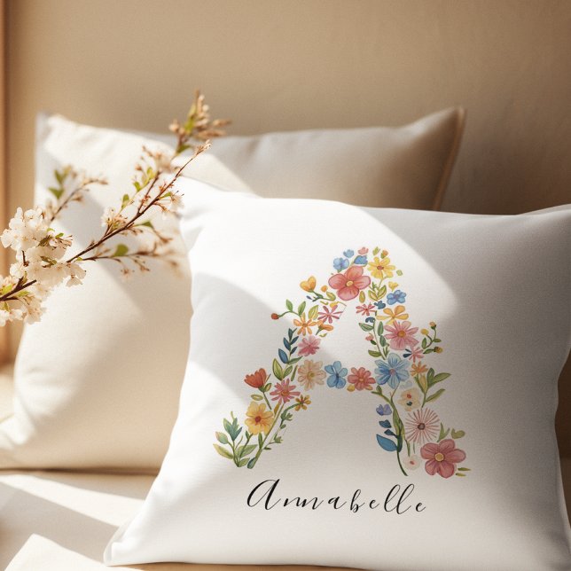 Personalized Name & Floral Monogram 'A' Cushion (Creator Uploaded)