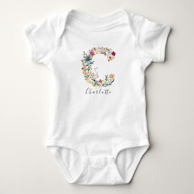 Personalized Name & Floral Monogram 'C' Baby Bodysuit (Front)