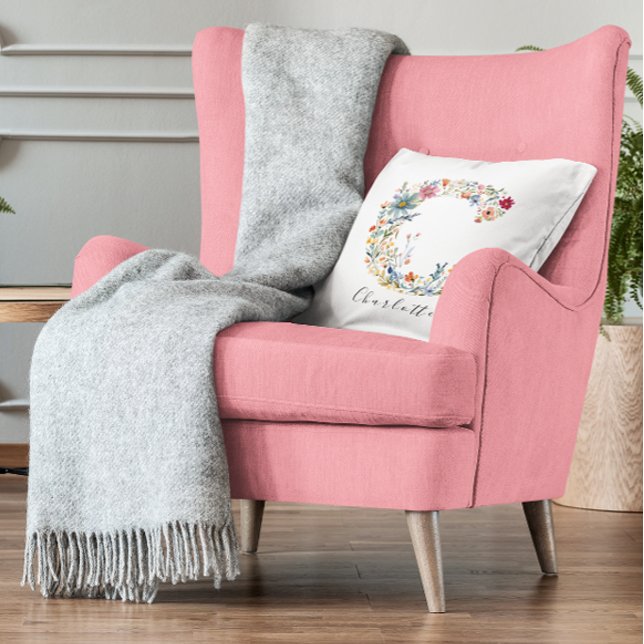 Personalized Name & Floral Monogram 'C' Cushion (Creator Uploaded)