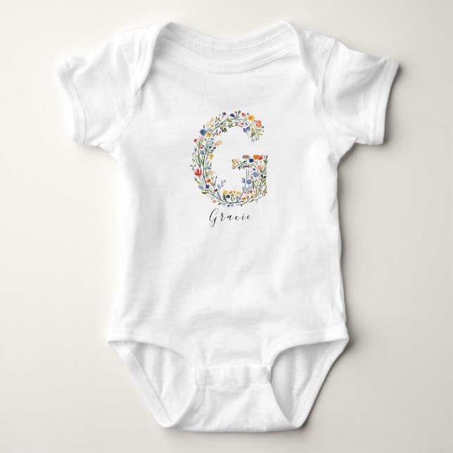 Personalized Name & Floral Monogram 'G' Baby Bodysuit (Front)