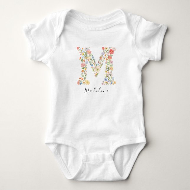 Personalized Name & Floral Monogram 'M' Baby Bodysuit (Front)
