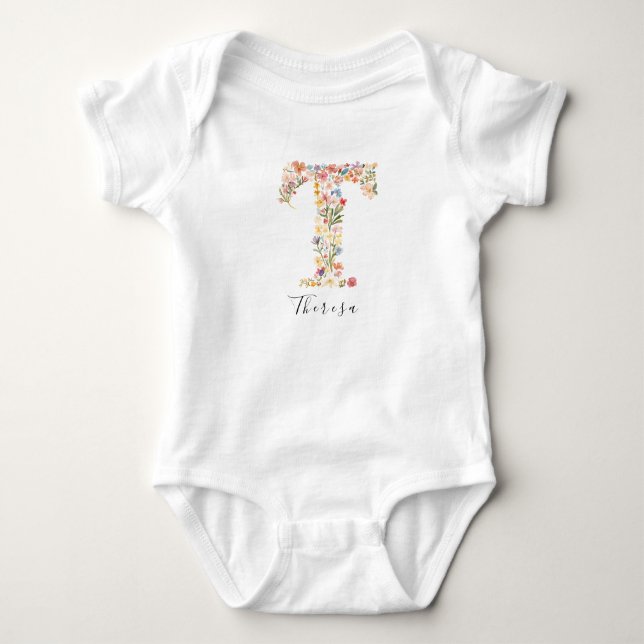 Personalized Name &Floral Monogram 'T' Baby Bodysuit (Front)