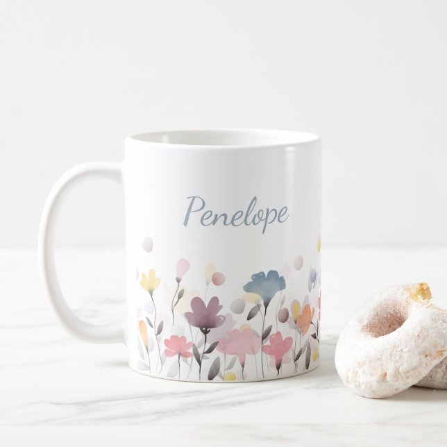 Personalized Name Floral Watercolor Minimalist Coffee Mug (With Donut)