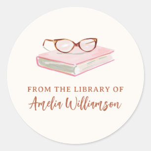 Personalized Name From The Library Pink Bookplate Classic Round Sticker