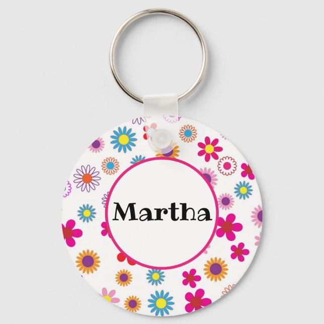 Personalized Name Fun Colorful Happy Flowers  Key Ring (Front)
