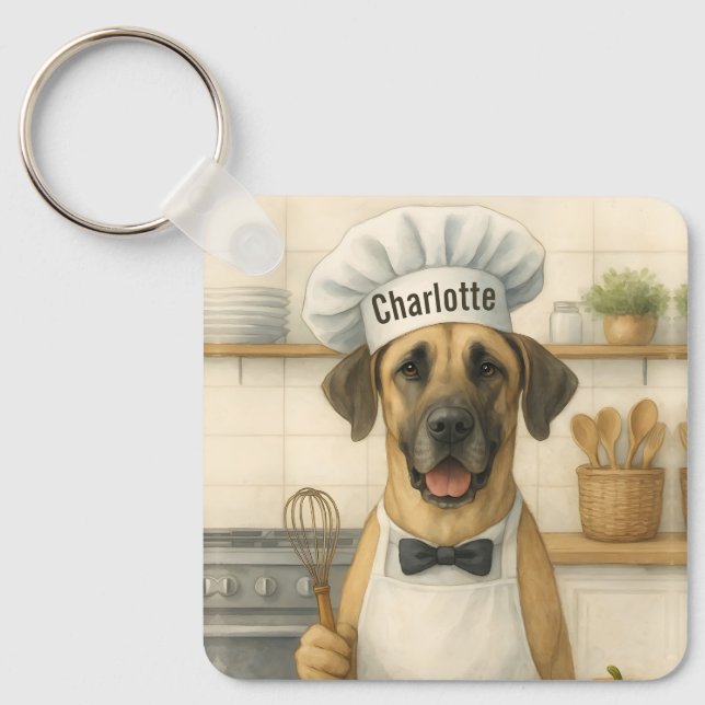 Personalized Name Funny Great Dane Dog Chef Key Ring (Front)