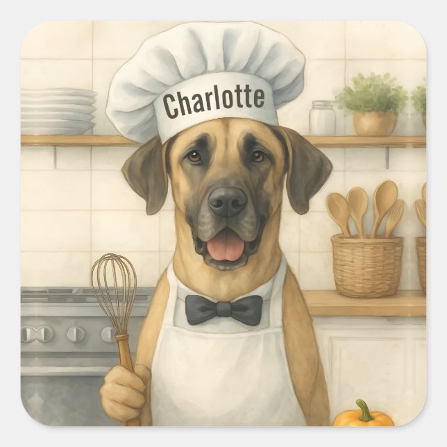Personalized Name Funny Great Dane Dog Chef Square Sticker (Front)