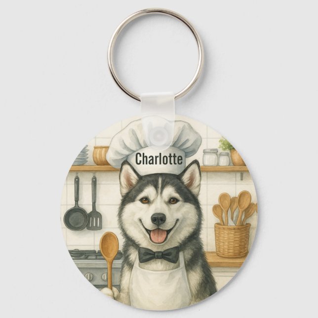 Personalized Name Funny Siberian Husky Dog Chef Key Ring (Front)