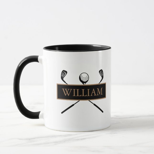 Personalized Name Gold and Black Golf Clubs Mug (Left)