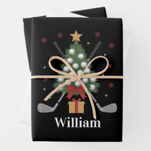 Personalized Name Golf Tree Equipment Christmas  Wrapping Paper Sheet