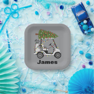 Personalized Name Golfer Christmas Golf Cart Xmas  Paper Plate