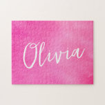 Personalized Name Gradient Ombre Pink Jigsaw Puzzle<br><div class="desc">A cheerful pink watercolor puzzle that’s as fun to build as it is to display. Featuring a soft gradient background and elegant hand-lettered name, this custom puzzle makes a thoughtful gift for kids, teens, or anyone who loves pretty, personalized things. Perfect for birthdays, holidays, or rainy-day activities. A sweet mix...</div>