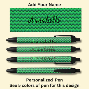 Personalized Name, Green Chevron Zig Zag  Black Ink Pen
