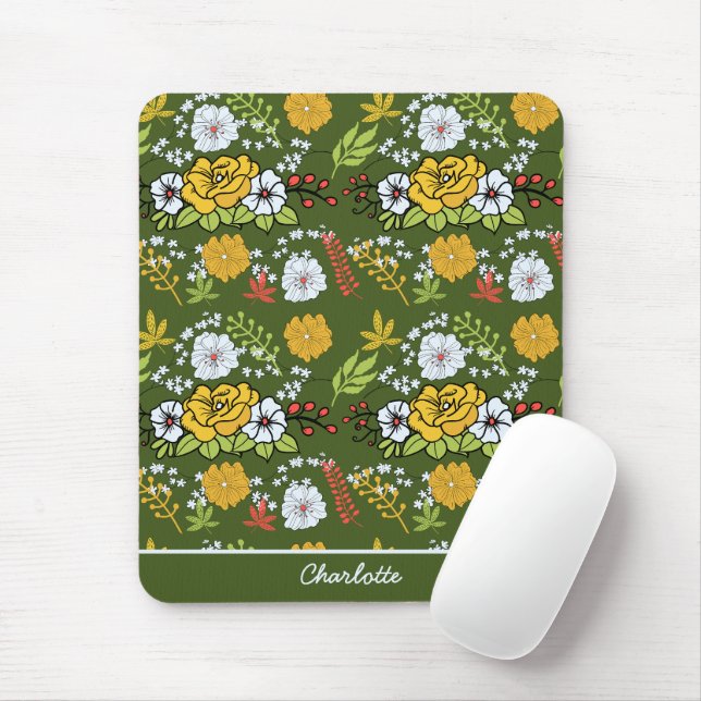 Personalized name greenery floral seamless pattern mouse pad (With Mouse)