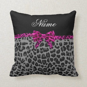 Personalized name grey leopard print pink bow cushion
