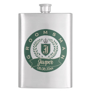 Personalized Name Groomsman Wedding Date Heraldic Hip Flask