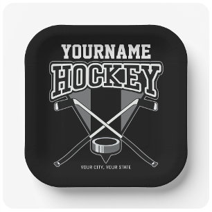 Personalized NAME Hockey Player Stick Puck Team   Paper Plate
