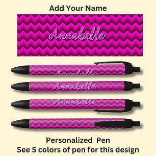 Personalized Name, Hot Pink Chevron Zig Zag  Black Ink Pen