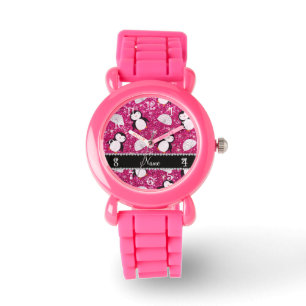Personalized name hot pink glitter penguins igloos watch