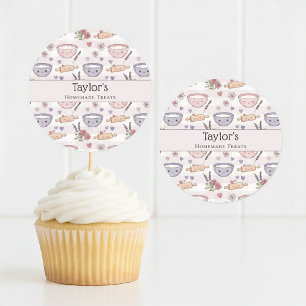 Personalized Name Kawaii Checkered Cupcake Topper Classic Round Sticker