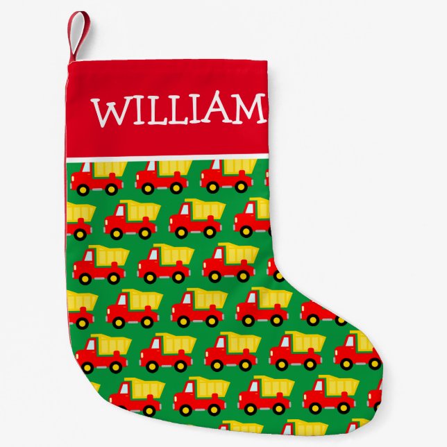 Personalized name kid's dump truck pattern small christmas stocking (Front)
