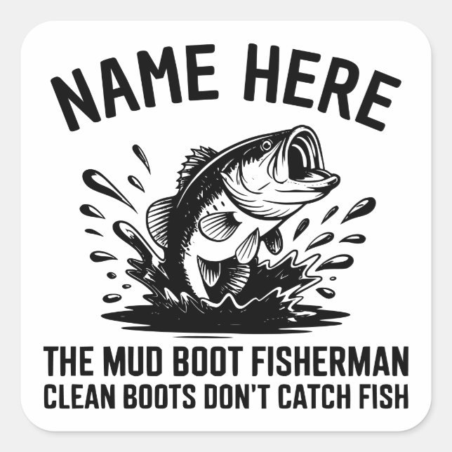 Personalized Name Largemouth Bass Fisherman Square Sticker (Front)