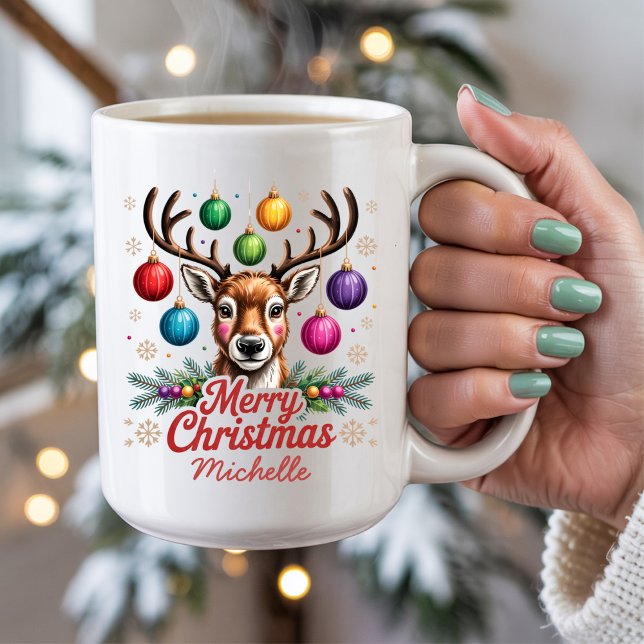 Personalized Name Merry Christmas Reindeer baubles Coffee Mug (Creator Uploaded)