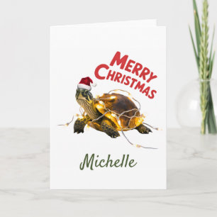 Personalized Name Merry Christmas Turtle in Santa Card