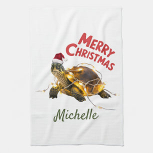 Personalized Name Merry Christmas Turtle in Santa  Tea Towel