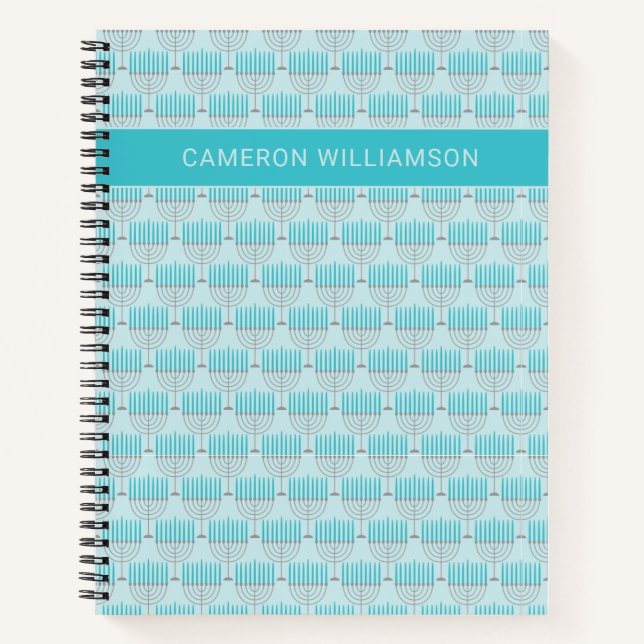 Personalized Name Modern Menorah Hanukkah Pattern Notebook (Front)