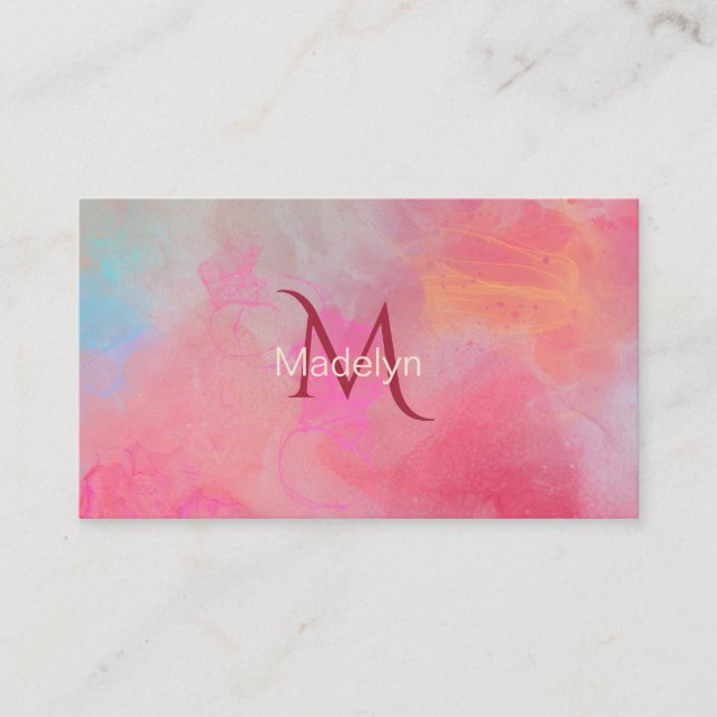 Personalized Name + Monogram Pink Watercolor Ink Business Card (Front)