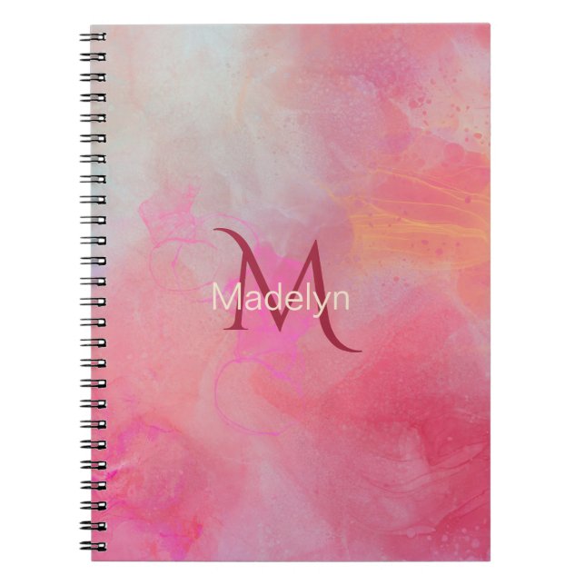 Personalized Name + Monogram Pink Watercolor Ink Notebook (Front)