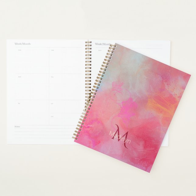 Personalized Name + Monogram Pink Watercolor Ink Planner (Display)