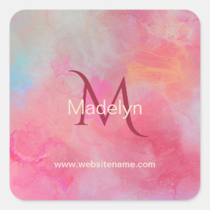 Personalized Name + Monogram Pink Watercolor Ink Square Sticker