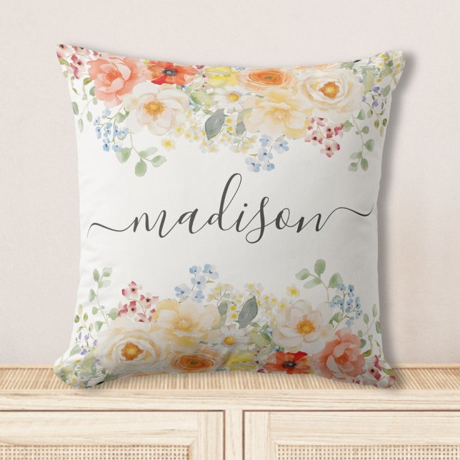 Personalized Name Monogram Watercolor Sunny Floral Cushion (Creator Uploaded)