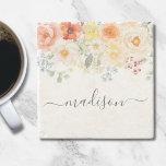 Personalized Name Monogram Watercolor Sunny Floral Stone Coaster<br><div class="desc">Introducing our Personalized Name Monogram Watercolor Sunny Floral Stone Coasters. Featuring watercolor illustration of flower arrangement with bright colors and editable elegant calligraphy text that can be personalized your name. Suitable as a gift for cooking enthusiasts women.</div>
